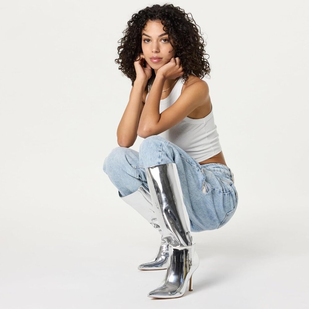 The Drop Womens Size 9.5 Pointed toe Tall Heeled Boots Mirror Silver - Picture 2 of 9